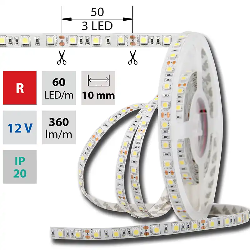 Sleva MCLED Pásek LED SMD5050 R, 60LED/m, 14,4W/m, DC 12V, 360lm/m, IP20, 10mm, 50m