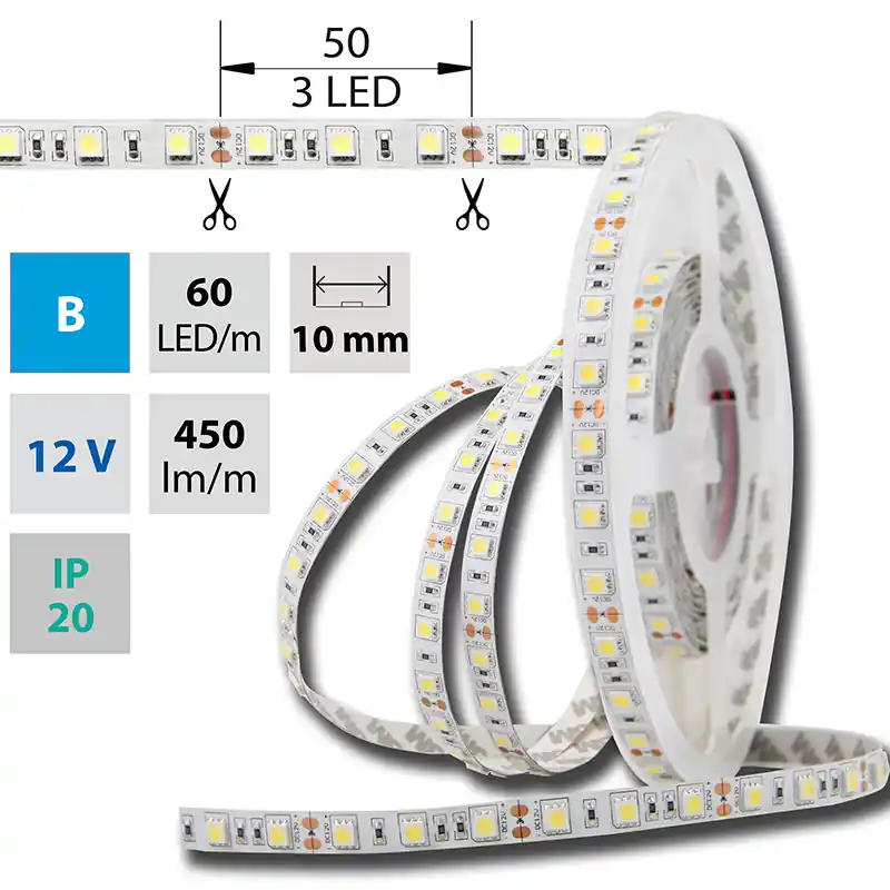 MCLED Pásek LED SMD5050 B, 60LED/m, 14,4W/m, DC 12V, 450lm/m, IP20, 10mm, 50m Akce