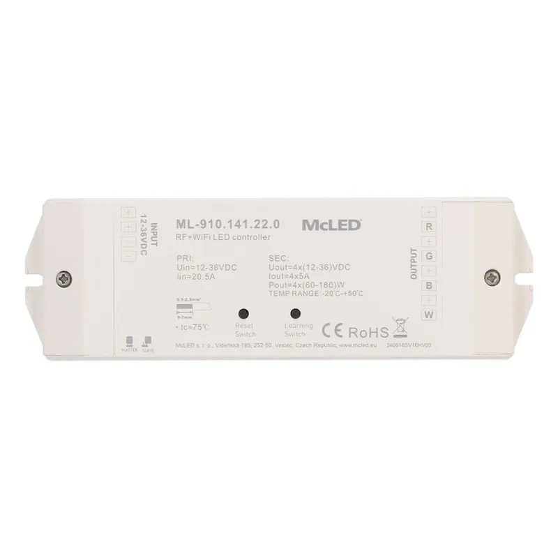 Celosvětová Doprava MCLED Přijímač RF a WIFI řízení jasu, CCT,RGBW 4 kanály 4x5A, 12-36V IP20