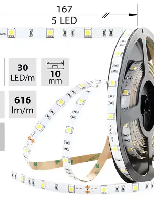 Záruka V Ceně MCLED Pásek LED SMD5050 NW, 30LED/m, 8,5W/m, 616lm/m, IP20, DC 24V, 10mm, 50m