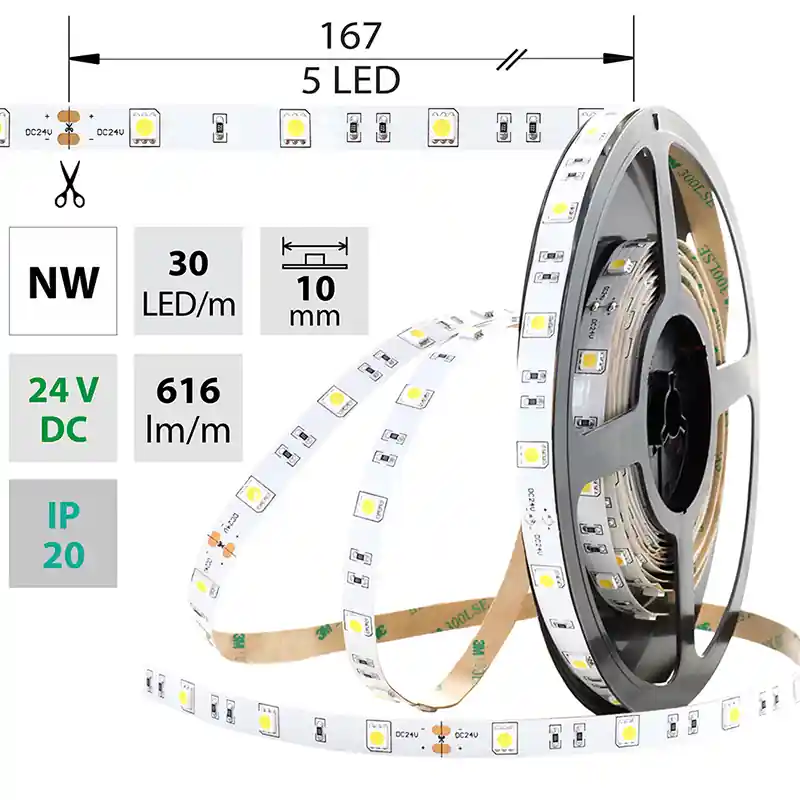 Záruka V Ceně MCLED Pásek LED SMD5050 NW, 30LED/m, 8,5W/m, 616lm/m, IP20, DC 24V, 10mm, 50m