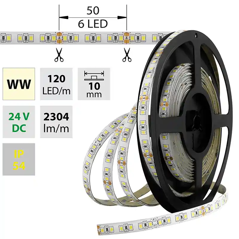 Zlevněný MCLED Pásek LED SMD2835 WW, 120LED/m, 28,8W/m, 2304lm/m, IP54, DC 24V, 10mm, 5m