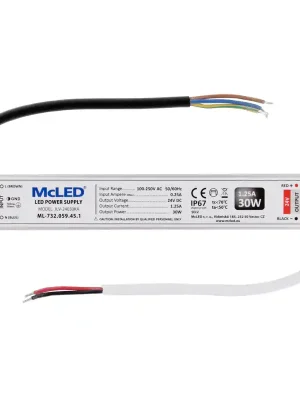 MCLED Napaječ LED 30W, DC24V/1,25A, hliníkové provedení, IP67 Vysoce Kvalitní
