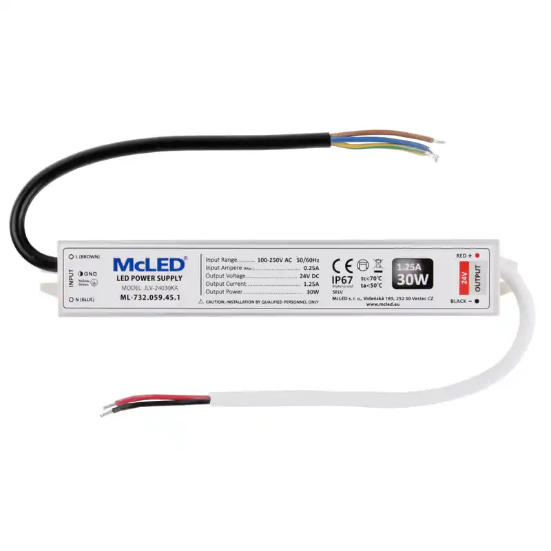MCLED Napaječ LED 30W, DC24V/1,25A, hliníkové provedení, IP67 Vysoce Kvalitní